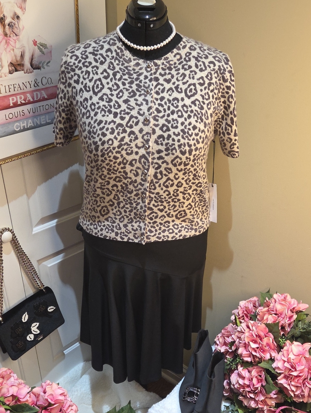 Nwt XL, M Cashmere WILT Beige and Brown  Leopard Print Short-Sleeve Cardigan